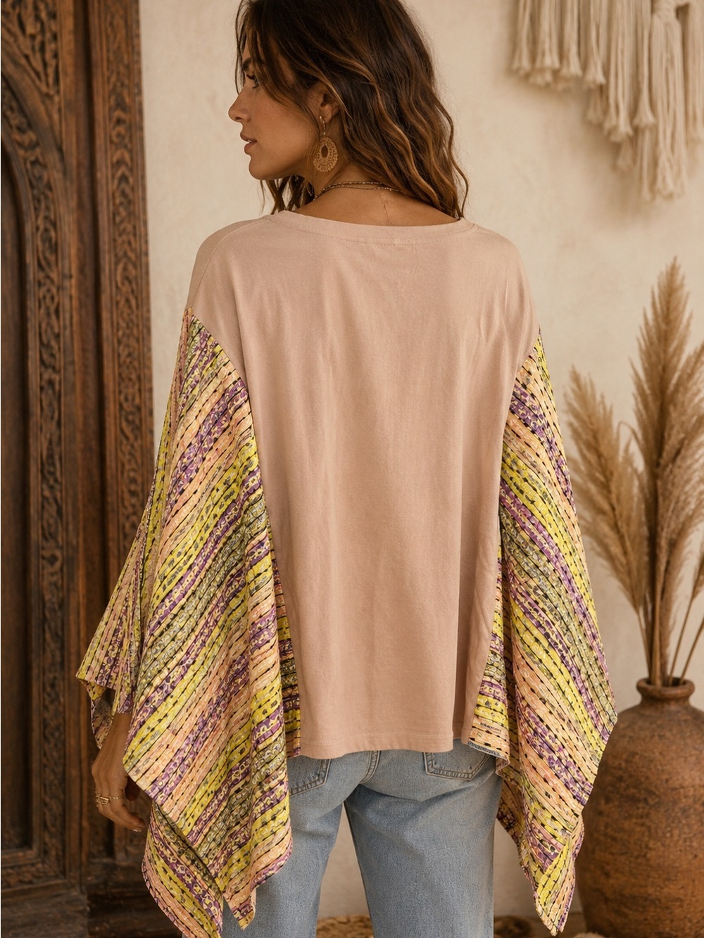 🦋BlueVelvet L/XL Graphic Janis Joplin Yellow/Beige Striped Kimono Sleeves BV001 - Picture 2 of 4